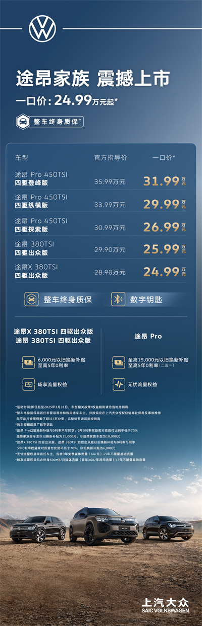 途昂 Pro 一口價(jià)26.99萬元起！搭載第五代EA888發(fā)動(dòng)機(jī)，開啟全境旅程